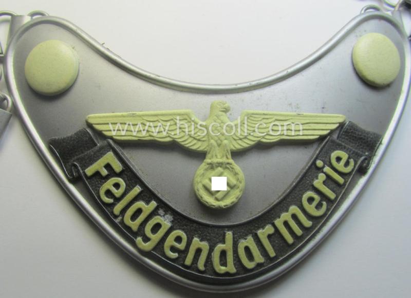 Superb - and 'virtually mint'! - example of a WH (Heeres) gorget (ie. 'Brustschild o. Ringkragen') entitled: 'Feldgendarmerie' being a non-maker-marked example that comes mounted onto its period-attached chain (ie. 'Kette')