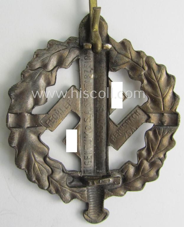 Early- (ie. pre-) war-period example of an: 'SA-Sportabzeichen in Bronze' being a detailed and/or neatly maker- (ie. 'Fechler - Bernsbach i. Sa.'-) marked example that is void of a bearers'-number