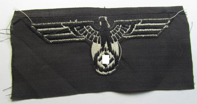 Neat, WH (Heeres) early- (ie. pre-) war-period- and/or white-coloured 'Panzer'-type breast-eagle of the so-called: 'M35'- (ie.'M36'-) pattern as was executed in the neat 'BeVo'-weave pattern on a black-coloured background