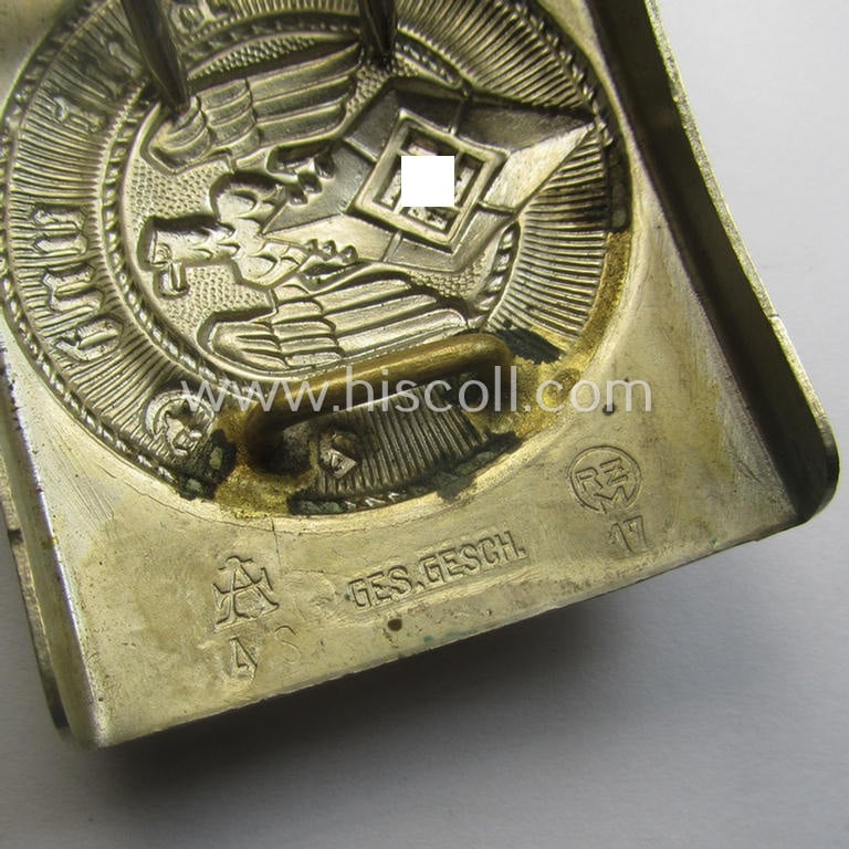 HJ (ie. 'Hitlerjugend') nickle-chrome-based belt-buckle being a neatly (double!) maker (ie. 'RzM 17' and/or 'A' ie. 'Assmann & Söhne') marked specimen