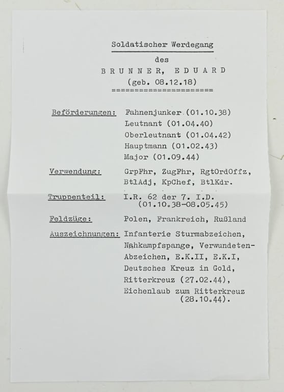 Signature of Wehrmacht Heer KC-OLC Recipient 'Eduard Brunner'