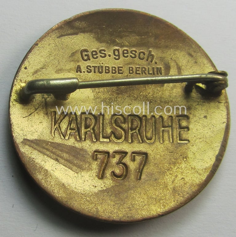 DRK nurses'-badge entitled: 'Schwesternschaft' being a medium-sized version showing a low bearers'-number: ('737'), towns-name: ('Karlsruhe') and/or makers'-mark ('A. Stübbe - Berlin')