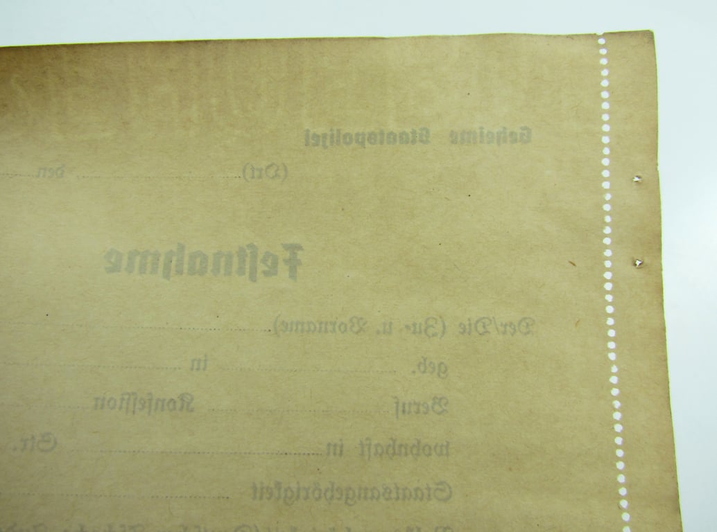Blank Gestapo Arrest Report Form (Festnahme)
