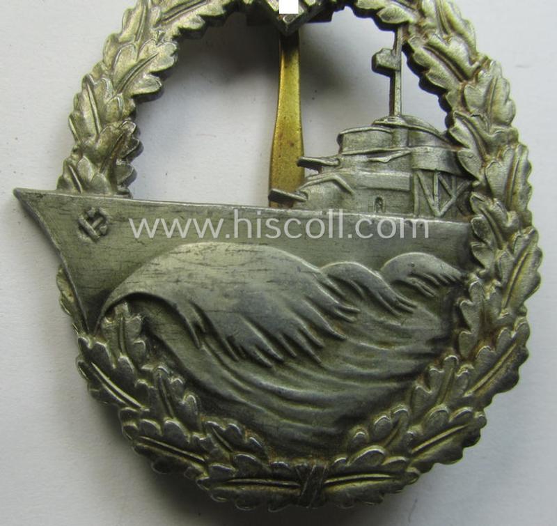 Scarcely found, WH (Kriegsmarine) 'Zerstörerkriegsabzeichen' being a clearly maker- (ie. 'L/18'-) marked example as executed in 'Feinzink' as was produced by the desirable maker (ie. 'Hersteller'): 'B.H. Mayer's Kunstprägeanstalt'