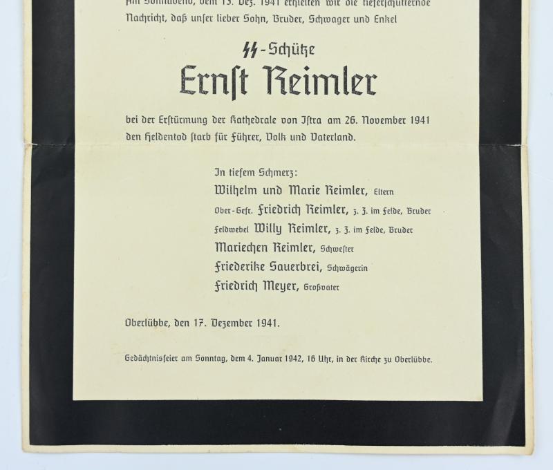 German Waffen-SS Deathcard 'Ernst Reimler'