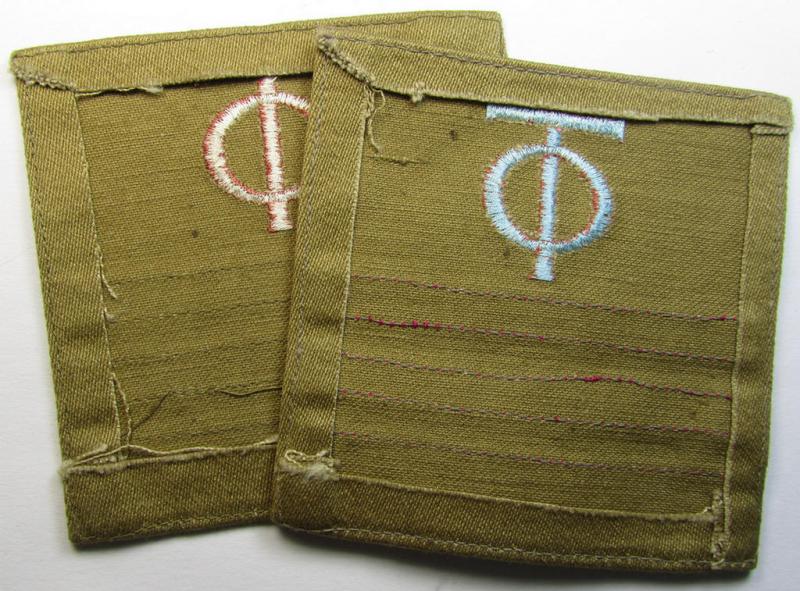 Attractive - fully matching and actually scarcely seen! - pair of OT- (ie.: 'Organisation Todt'-) related golden-brown-coloured, enlisted-mens'- (ie. NCO-) pattern rank-patches (ie. 'OT-Dienstgraden-Abzeichen')