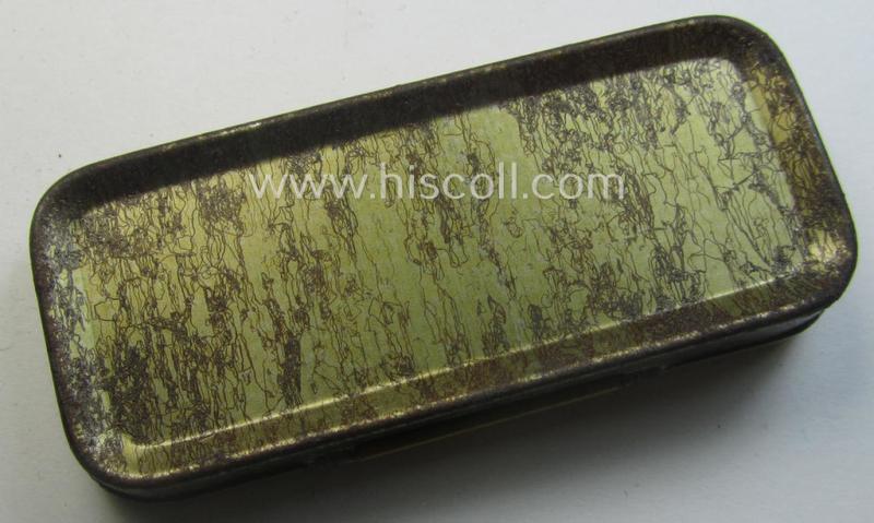 Interesting - and scarcely found! - WH medical-equipment piece: a yellow-toned and tin-based box marked: 'Ohrverschluss für Trommelfellverletzte' (that still holds most of its period contents!)