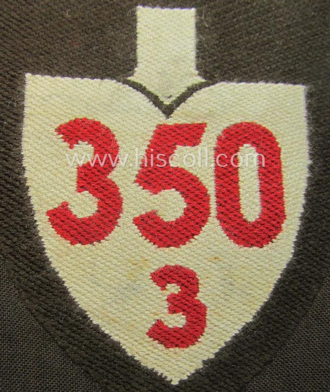 Attractive - 'BeVo'-woven and brown-coloured! - enlisted-mens'- (ie. NCOs'-) pattern so-called: RAD (ie. 'Reichsarbeitsdienst') sleeve-badge (or: 'Dienststellenabzeichen') bearing the specialist- ie. unit-designation that reads: '350/3'