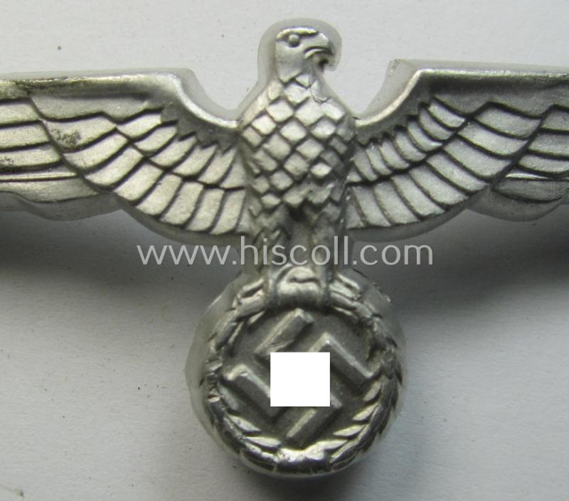 Neat, WH (Heeres) bright-silver-toned (ie. aluminium-based), EM- (ie. NCO- or officers') type visor-cap-eagle being a non-maker-marked example that comes in a just minimally used- ie. once cap-attached, condition
