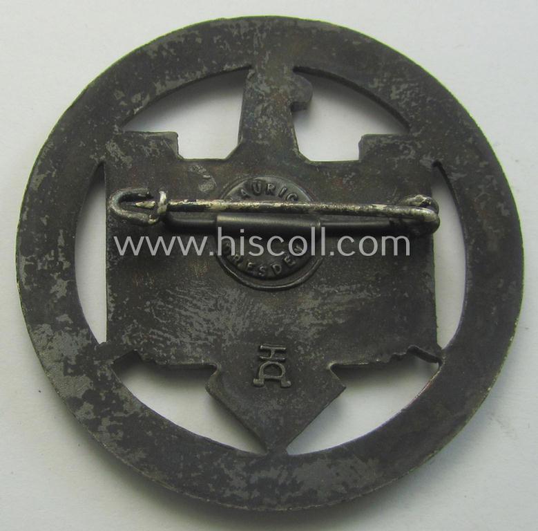 Silver-toned- and/or: 'Cupal'-based so-called: DRL- (ie. 'Deutschen Reichsbund für Leibesübungen'-) related day-badge (ie. 'tinnie' or: 'Veranstaltungsabzeichen') as issued to commemorate the: 'Deutsches Turn- u. Sportfest - Breslau - 1938'