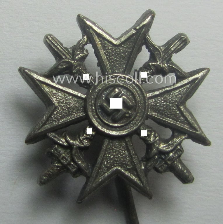 Superb - and only 17 mm. sized! - 'Spanienkreuz mit Schwerten in Silber' (or: Spanish cross in silver with swords) miniature lapel-pin (being a non-maker-marked example as executed in greyish-silver-coloured- and/or 'Feinzink'-based metal)