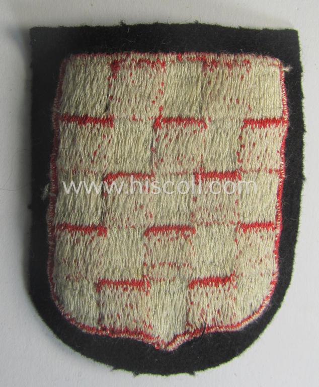 Croatian, Waffen-SS 'volunteer' arm-shield (of a 'variant-pattern'!) as was intended for usage by soldiers of the: '13. Waffen-Gebirgs-Division der SS' (ie. 'Handschar') that comes in a 'virtually mint- ie. unissued', condition