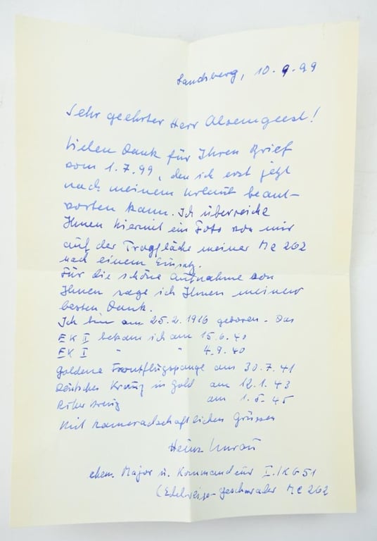 Signature of Luftwaffe KC Recipient 'Heinz Unrau'