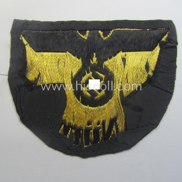 Truly worn, RB- ('Reichsbahn'-) related arm-eagle as executed in 'BeVo'-weave style as was intended for an official of the: 'Deutsche Reichsbahn' ie. the 'RBD Nürnberg' (or: 'Reichsbahndirektion Nürnberg')