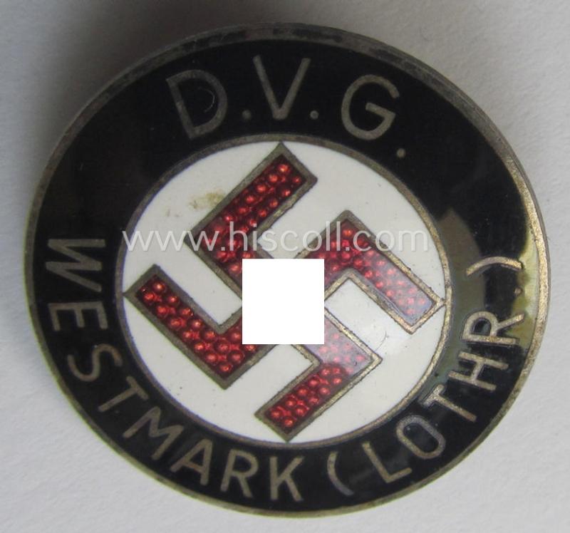 'Mitgliedsabzeichen der Deutsche Volksgemeinschaft (D.V.G.) Westmark (Lothringen)' showing the makers'-designation 'W. Redo - Saarlautern'