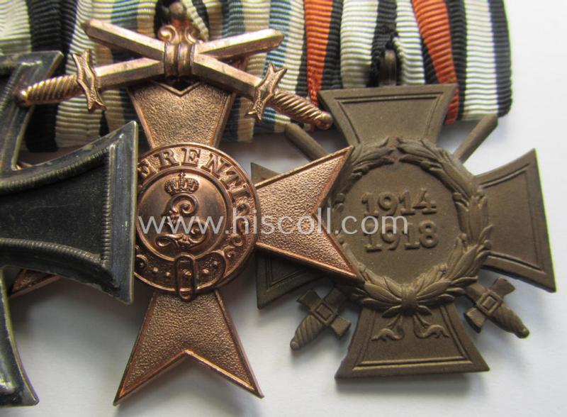 Attractive, WWI-period so-called: 'Ordenspange' (being of the non-'detachable-pattern') showing resp. an: 'EK II. Klasse', a: 'Bayern Militär-Verdienstkreuz 3. Kl. mit der Krone' and a: 'FKK 1914-18 mit Schw.' and that comes as recently fou...