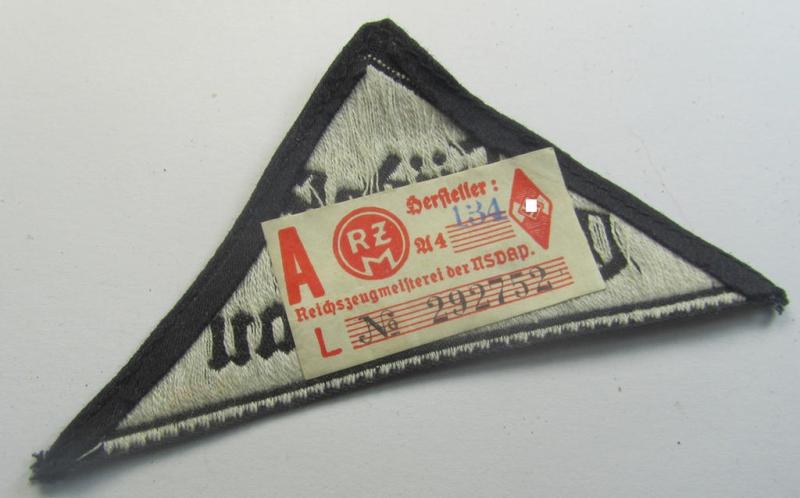'HJ' ('Hitlerjugend') ie. 'BDM' ('Bund Deutscher Mädel') district-triangle (ie. 'Gebietsdreieck') entitled: 'Südost Oberdonau' (being a 'virtually mint' example that retains its period-attached, paper-based so-called: 'RzM'-etiket)
