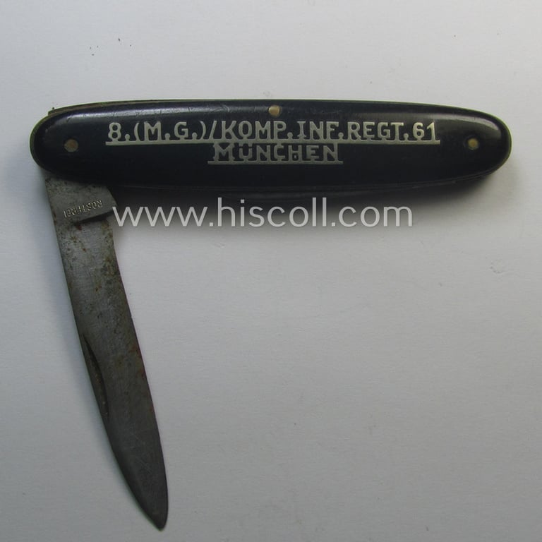 Interesting, (pre-) WWII-period, WH (Heeres) 'souvenir-item' (ie. tiny pocket-knife) showing on one side (the silver-inlayed) text: 'Weihnachten 1936' and on the other side: '8.(M.G.)/Komp.Inf.Regt. 61 - München'