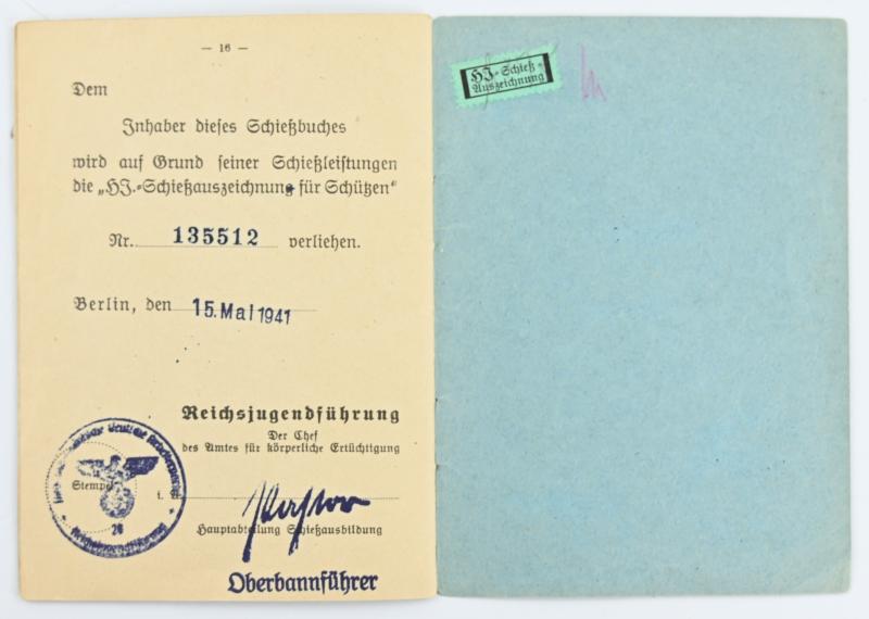 German Hitler Youth Shooting Badge with Portrait Picture and Shooting Booklet.