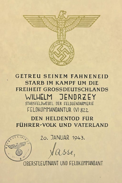 German WH Feldgendarmerie Certificate 'Heldentod'