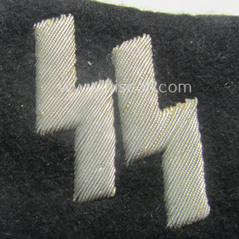 Superb - rarely encountered and neatly hand-embroidered! - 'Waffen-SS' officers'- (ie. NCO-) pattern 'runes'-collar-tab (ie. 'Kragenspiegel für Unterführer der Waffen-SS') that comes in a wonderful- (ie. I deem carefully tunic-removed!), condition
