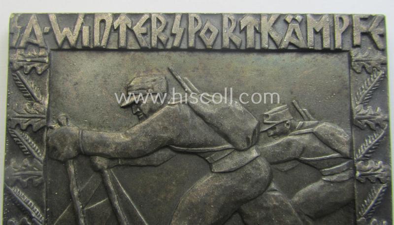 Luxuriously-styled - and with certainty rarely seen! - SA- (ie. 'Sturmabteilungen'-) related commemorative-plaque (ie. 'Erinnerungs- o. nichttragbare Plakette') entitled: 'S.A. Wintersportkämpfe - Gr. Bayer.Ostmark - 4./5. Febr. 1939 - Dem Siege...