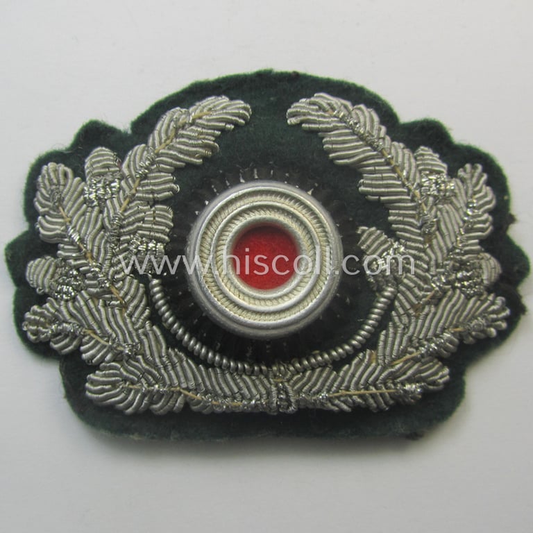 Clearly used- and/or cap-removed, WH (Heeres) officers'-pattern, visor-cap eagle/cocarde-set (ie. 'Effektensatz für Schirmmütze') being both hand-embroidered examples that come mounted onto a darker-green-coloured- and/or woolen-based background