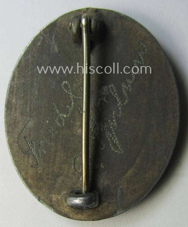 Moderately used- and/or worn - and neatly period-engraved! - 'Verwundeten-Abzeichen in Silber' being a typical maker- (ie. '65'-) marked- and/or: 'Feinzink'-based example by the maker: 'Klein & Quenzer'