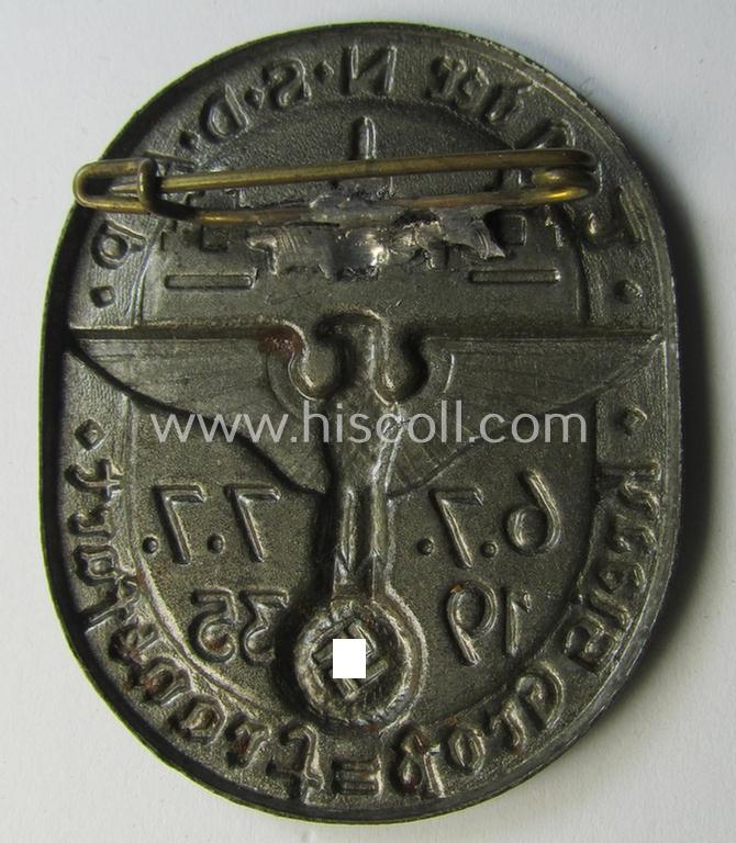 Commemorative, silver-coloured N.S.D.A.P.-related 'tinnie' being a non-maker marked example depicting a detailed eagle-device and towns'-view surrounded by the text: 'Tag der N.S.D.A.P. - Kreis Gross-Frankfurt - 6.7./7.7.1935'