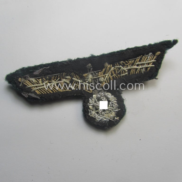 Clearly used- and/or cap-removed, WH (Heeres) officers'-pattern, visor-cap eagle/cocarde-set (ie. 'Effektensatz für Schirmmütze') being both hand-embroidered examples that come mounted onto a darker-green-coloured- and/or woolen-based background