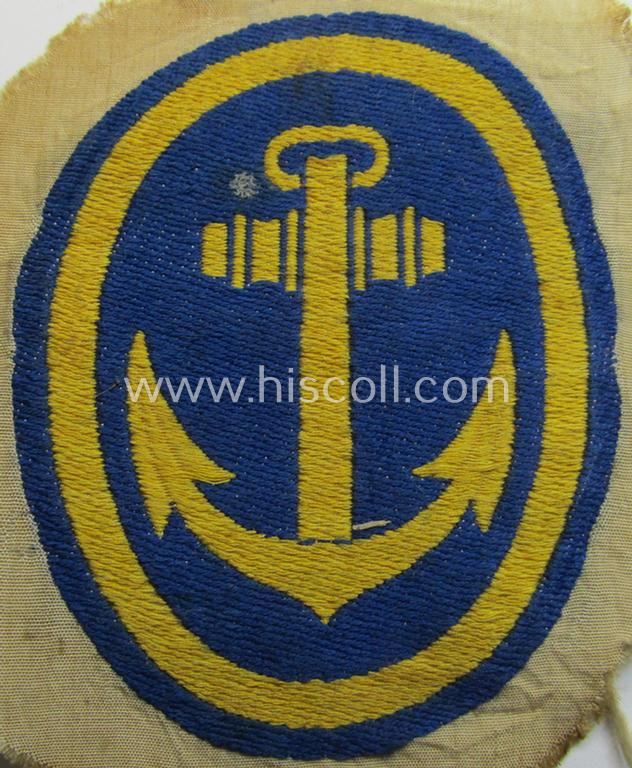 Neat, WH (Kriegsmarine) related sports'-attire-patch (ie. 'Abzeichen für den Sportanzug für Mannschaften u. Unteroffiziere der Kriegsmarine') as was executed in the neat 'BeVo'-weave-pattern that comes in a truly used- ie. worn, condition