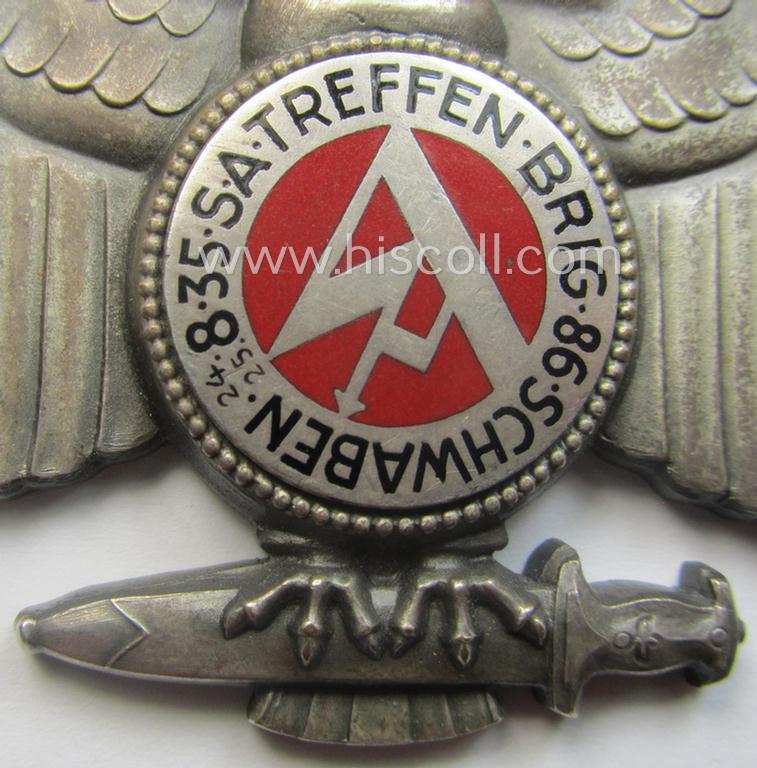 Luxuriously-styled and partly enamelled SA- (ie. 'Sturmabteilungen'-) related commemorative-plaque (ie. 'Erinnerungs- o. nichttragbare Plakette') entitled: 'S.A. Treffen - Brig. 86 - Schwaben - 24.-25.8.1935'