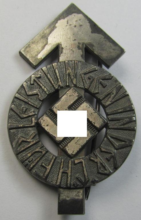 Attractive, HJ- (ie. 'Hitlerjugend'-) sports-badge (or: 'HJ-Leistungsrune') of the silver-class being a clearly maker- (ie. 'RzM - M1/34'-) marked- and/or: 'Buntmetall'-based specimen that shows an engraved (unique) bearers'-numeral ('74352...