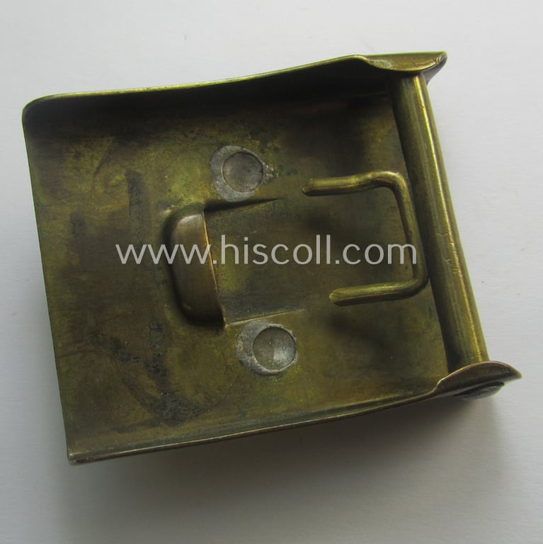 WWI-period (ie. 'Preussen'-related), copper- (ie. nickle-crome-) based, EM/NCO-type belt-buckle being a moderately used example that comes with its accompanying belt as issued and/or most certainly worn