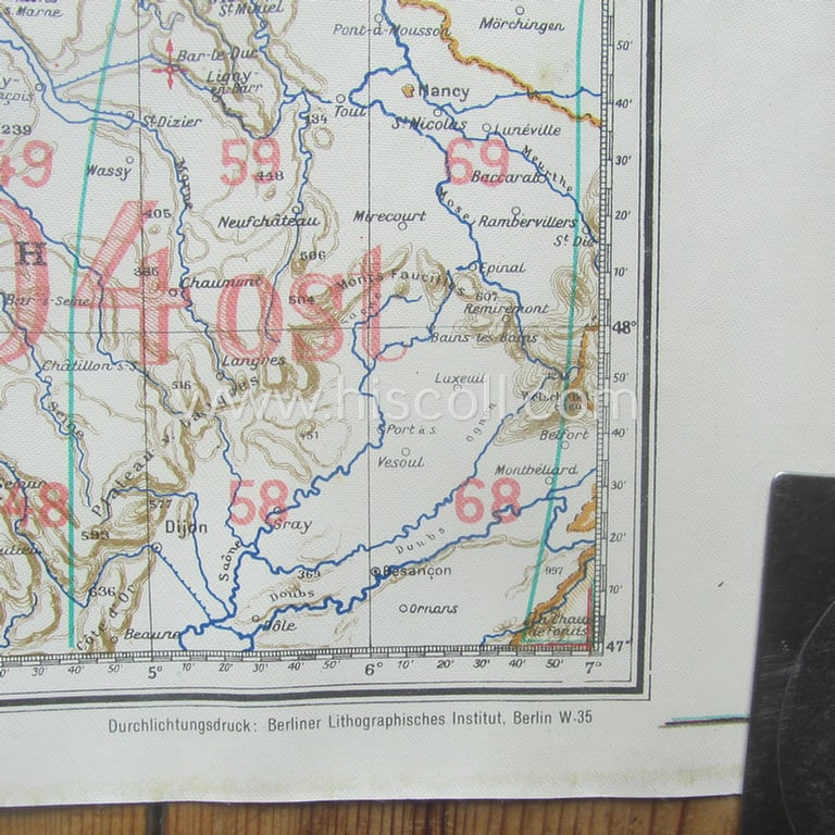 Very interesting, specific WH (Luftwaffe) linnen-based, navigation flight-map (ie. 'Luft-Navigationskarte in Merkatorprojektion') depicting the UK, Ireland, Northern France, Belgium and the Netherlands, dated '1941'