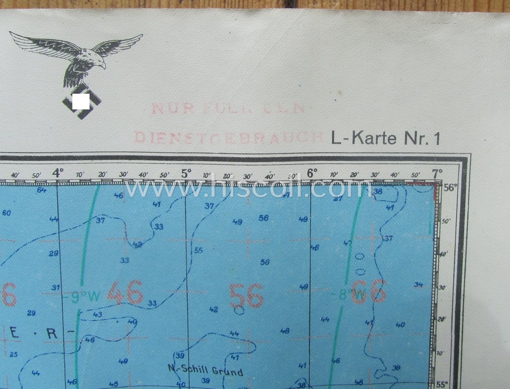 Very interesting, specific WH (Luftwaffe) linnen-based, navigation flight-map (ie. 'Luft-Navigationskarte in Merkatorprojektion') depicting the UK, Ireland, Northern France, Belgium and the Netherlands, dated '1941'