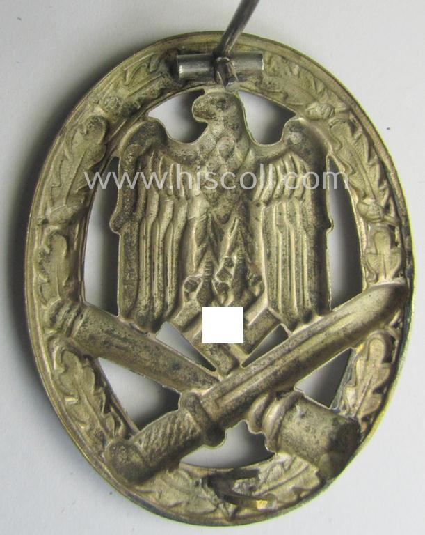 Attractive - and moderately used- ie. worn! - 'Allgemeines Sturmabzeichen' (or: General Assault Badge ie. GAB) being a (typical) unmarked 'Buntmetall'-based and/or scarcely seen 'hollow-back'-version as produced by the: 'Otto Schickle'-compan...