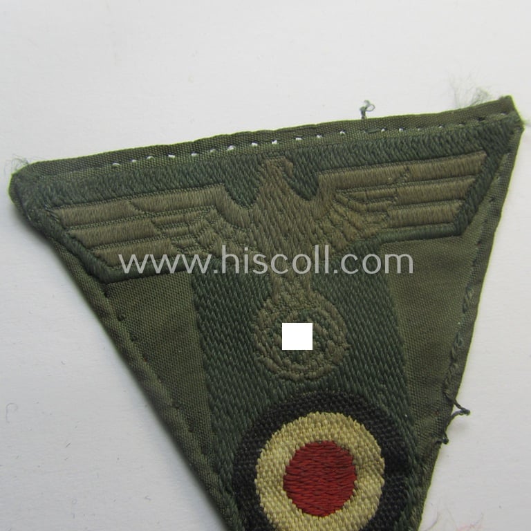 Truly worn and carefully cap-removed, WH (Heeres) so-called: 'T-shaped'- (ie. 'M42-pattern') cap-eagle/cocarde (ie. cap-trapezoid) as executed in 'BeVo'-weave pattern