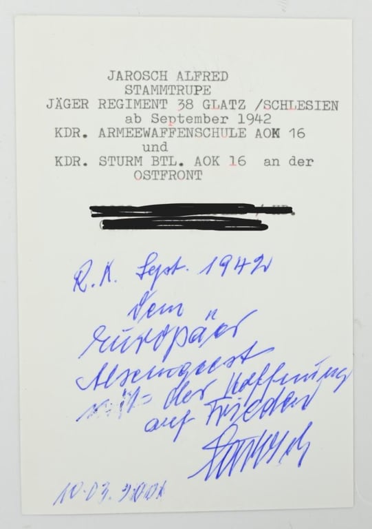Signature of Wehrmacht Heer KC Recipient 'Alfred Jarosch'