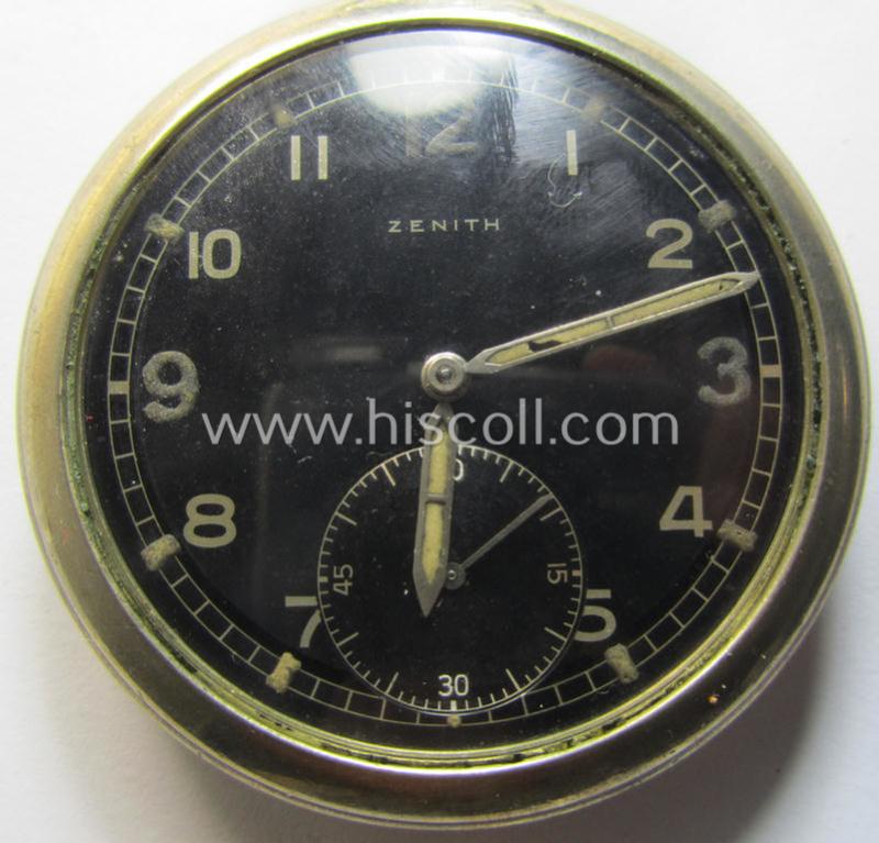Attractive - and scarcely encountered! - 'Deutsche Wehrmacht'- (ie. WWII-period) pocket-watch ('Dienstuhr') of the make: 'Zenith' having a black-coloured dial-plate and/or engraved back-plate that reads: 'D 8412589 H'