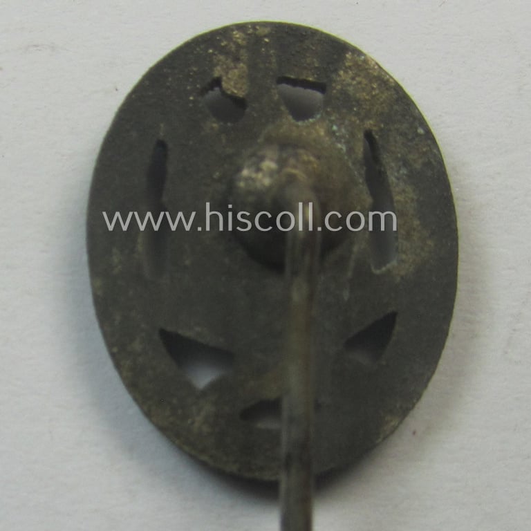 Miniature-lapel-pin depicting an: 'Allgemeines-Sturmabzeichen' (or: general-assault-badge ie. GAB) being a non-maker-marked example as executed in greyish-silver-coloured zinc-based metal (ie. 'Feinzink')