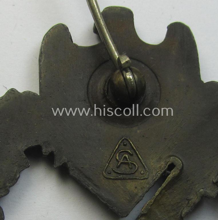 'Infanterie Sturmabzeichen in Bronze' (or: bronze-class infantry assault-badge ie. IAB) being a maker- (ie. 'AS'- ie. 'Adolf Scholze') marked so-called: 'solid-back'-example as was executed in zinc-based metal