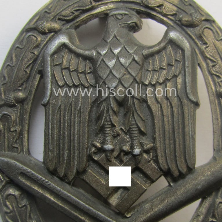 Attractive - and only minimally used! - 'Allgemeines Sturmabzeichen' (or: General Assault Badge ie. GAB) being a typical unmarked, zinc-based- (ie. 'Feinzink'-) and/or: 'flat-back'-pattern as was (I deem) produced by the: 'Gustav Brehmer'-company