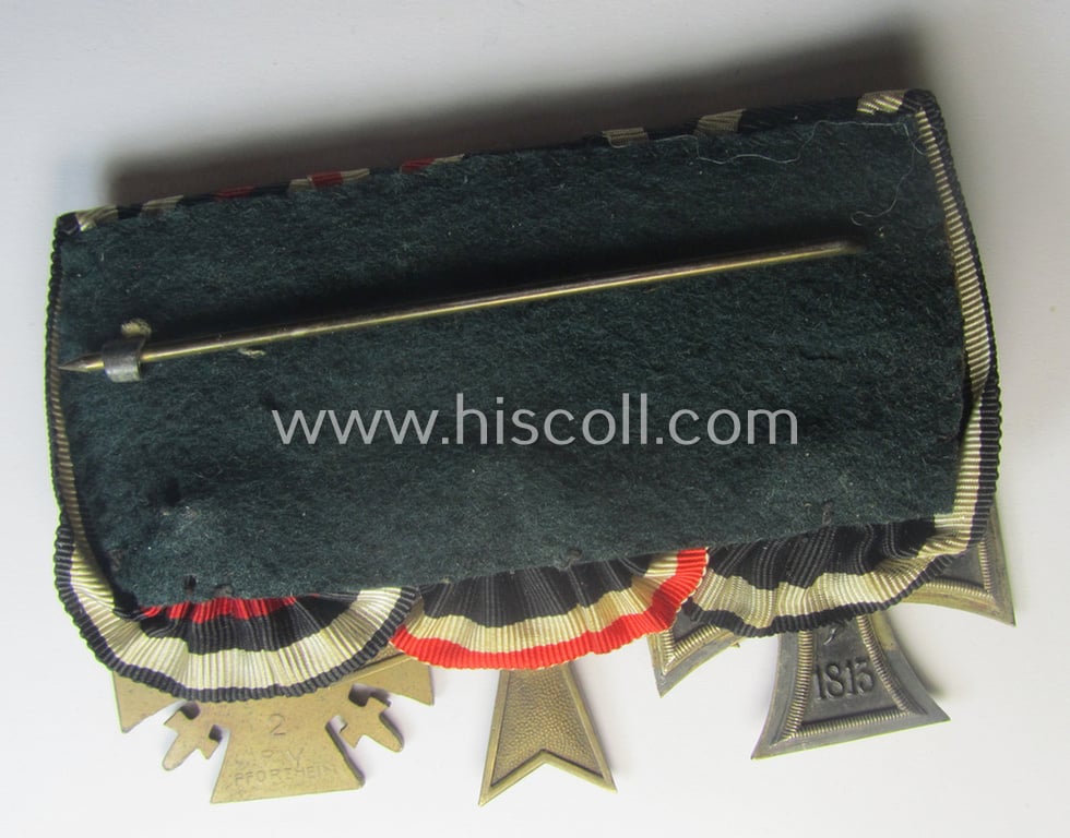 3-pieced 'WWI'- (ie. TR-) related medal-bar (ie. 'Ordenspange') resp. depicting a WWI-period: 'EK II.Kl.', a: 'KvK II. Klasse ohne Schwn.' and a: 'FKK 1914-18 mit Schwn.'