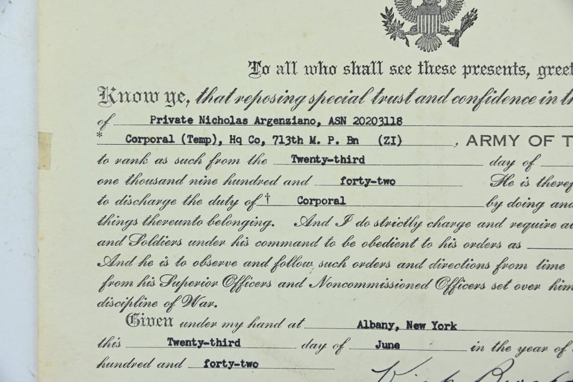 US WW2 Military Police Promotion Certificate