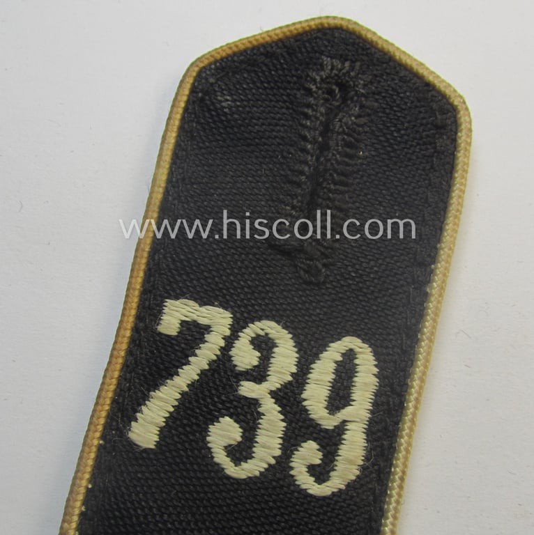 Single - and scarcely found! - white-piped, so-called: 'Reiter-HJ' (ie. 'HJ-Streifendienst') shoulderstrap as was intended for usage by a: 'HitlerJunge' as attached to the: 'Bann 739' (= 'Bann Molsheim' in the 'Gebiet Süd Baden')