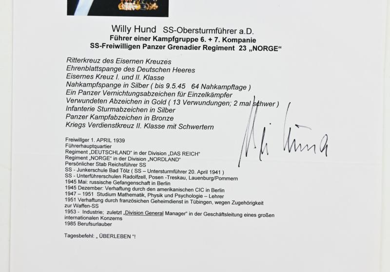 Signature of Waffen-SS KC Recipient 'Willy Hund'