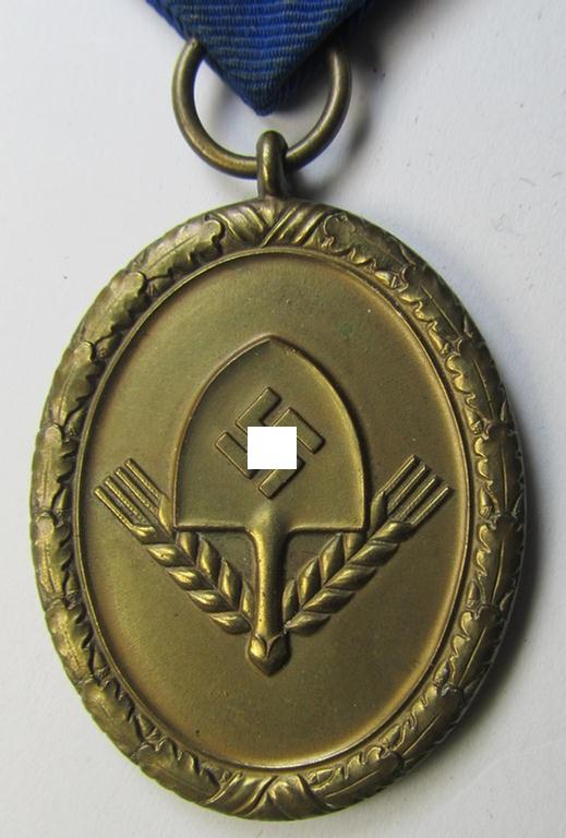 Attractive example of a: RAD (ie. 'Reichsarbeitsdienst'): 'Dienstauszeichnung 4. Stufe für Männer' as was intended for 4 years loyal-service and that comes mounted onto its period (broad-sized) ribbon (ie. 'Bandabschnitt')