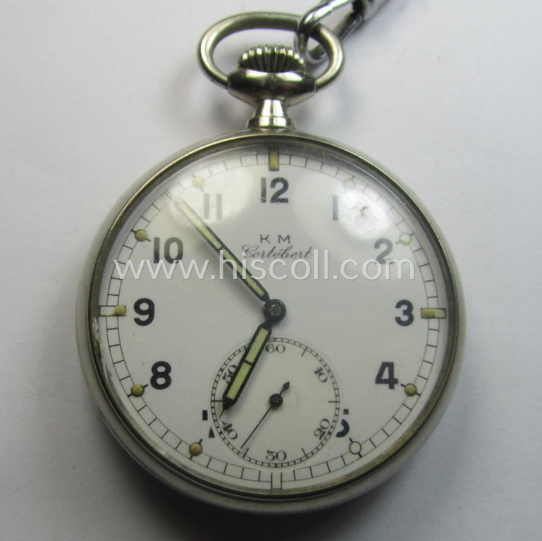Superb, WH (Kriegsmarine) (ie. typical WWII-period!) pocket-watch (ie. 'Dienstuhr') of the make: 'K.M. Cortébert' having a white-coloured dial-plate and/or engraved back-plate that reads: '540524' that comes mounted onto its period 'Kette'