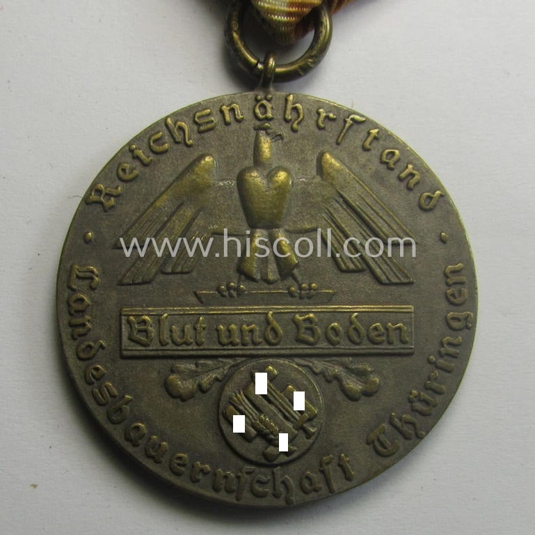 Golden-bronze-toned, typical 'Reichsnährstand'- (ie. 'RNSt.'-) related, (portable) loyal-service-award entitled: 'Reichsnährstand - Landesbauernschaft Thüringen - Für 40 Jahre treue Pflichterfüllung'
